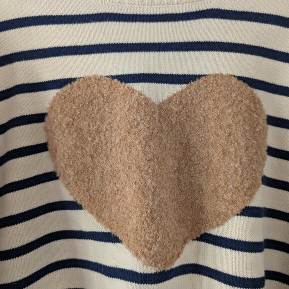 St. John's Bay Navy White Stripe Sweater Brown Boucle Heart Cottagecore Size PXL - Picture 4 of 13